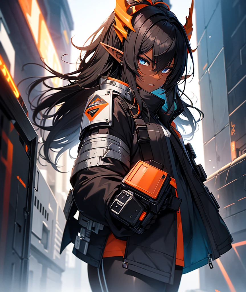 1girl , (((Dark Skin)))), Black Hair with Ponytail, (((Blue Eyes))), ((Black Metallic Gauntlets and Greaves with Orange and Silver Highlights)), (((The Clothes Have a Mix of Modern and Tribal))), (((The Clothes Have a Mix of Modern and Tribal))), having mostly the color black, but having parts in orange, shoulders exposed, at the hip a shorts that extend to half of the thigh of black color. ((Black Overcoat with a orange inner part)) absurd res, best res, high res, best face, best eyes, (((Dragon Tail))), ((Elf Ears))