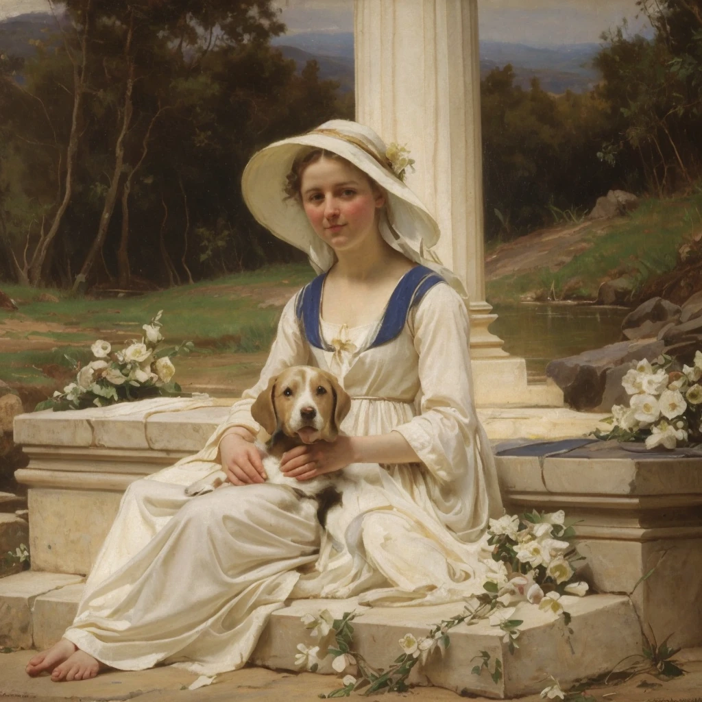 oil on canvas, a young beautiful woman with resemblance to Mckenna Grace, white medieval outfit, has a little dog, She is lying on some stone steps in front of a column decorated with flowers, in the background a quiet beach, Hoar, looking to the camera, natural lighting, style of william-adolphe bouguereau