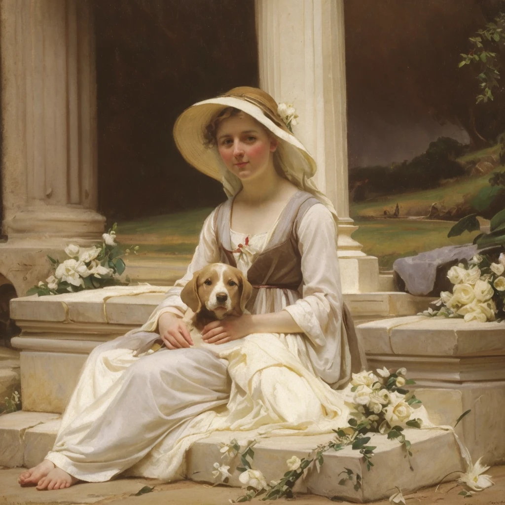 oil on canvas, a young beautiful woman with resemblance to Mckenna Grace, white medieval outfit, has a little dog, She is lying on some stone steps in front of a column decorated with flowers, in the background a quiet beach, Hoar, looking to the camera, natural lighting, style of william-adolphe bouguereau