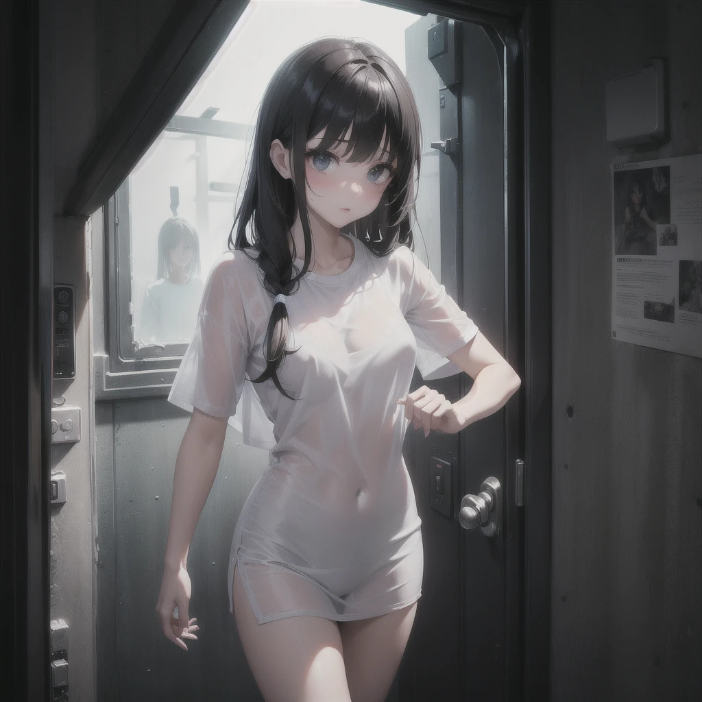 sexy girl, transparent white t-shirt, dark environment, macabre scene, transcendental journey through LSD use