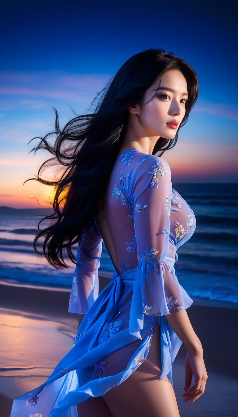 4K resolution, 8K resolution, beautiful, Highest quality, Absolutely wonderful, Very detailed, Ultra-high resolution, masterpiece, RAW Photos, Realistic, Depth of written boundary, Cinematic Light,
One elegant mature woman,
Long black hair, 精巧なディテールのbeautiful顔, Sensual look, Heavy eye make-up, Transparent white skin, Very sensitive skin, Great proportions, Glamorous Body, Anatomically correct body,
elegant beach dress, Summery design, Beautifully detailed pattern, Detailed cloth texture,
(Night sky background:1.1), (Dark sandy beach at night:1.1),
Cinematic Angle,