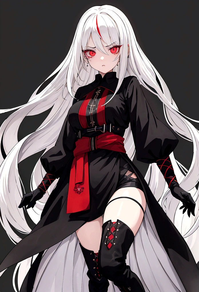 girl, 20-year-old, Long white hair that reaches down to her waist, Serious yet gentle expression, And red eyes. There are black streaks in her hair. She wears antique clothes., Long black dress with leg slits, Black knee-high boots. Her powers and background are related to shadow and darkness.. Dark Essence, Combat Stance