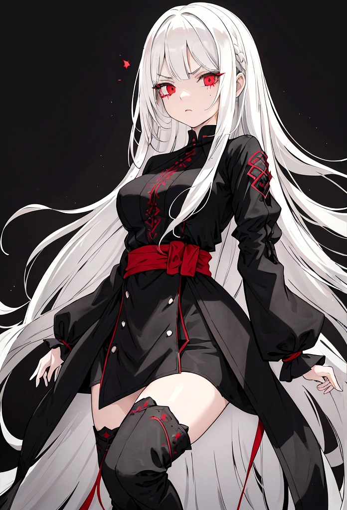 girl, 20-year-old, Long white hair that reaches down to her waist, Serious yet gentle expression, And red eyes. There are black streaks in her hair. She wears antique clothes., Long black dress with leg slits, Black knee-high boots. Her powers and background are related to shadow and darkness.. Dark Essence, Combat Stance