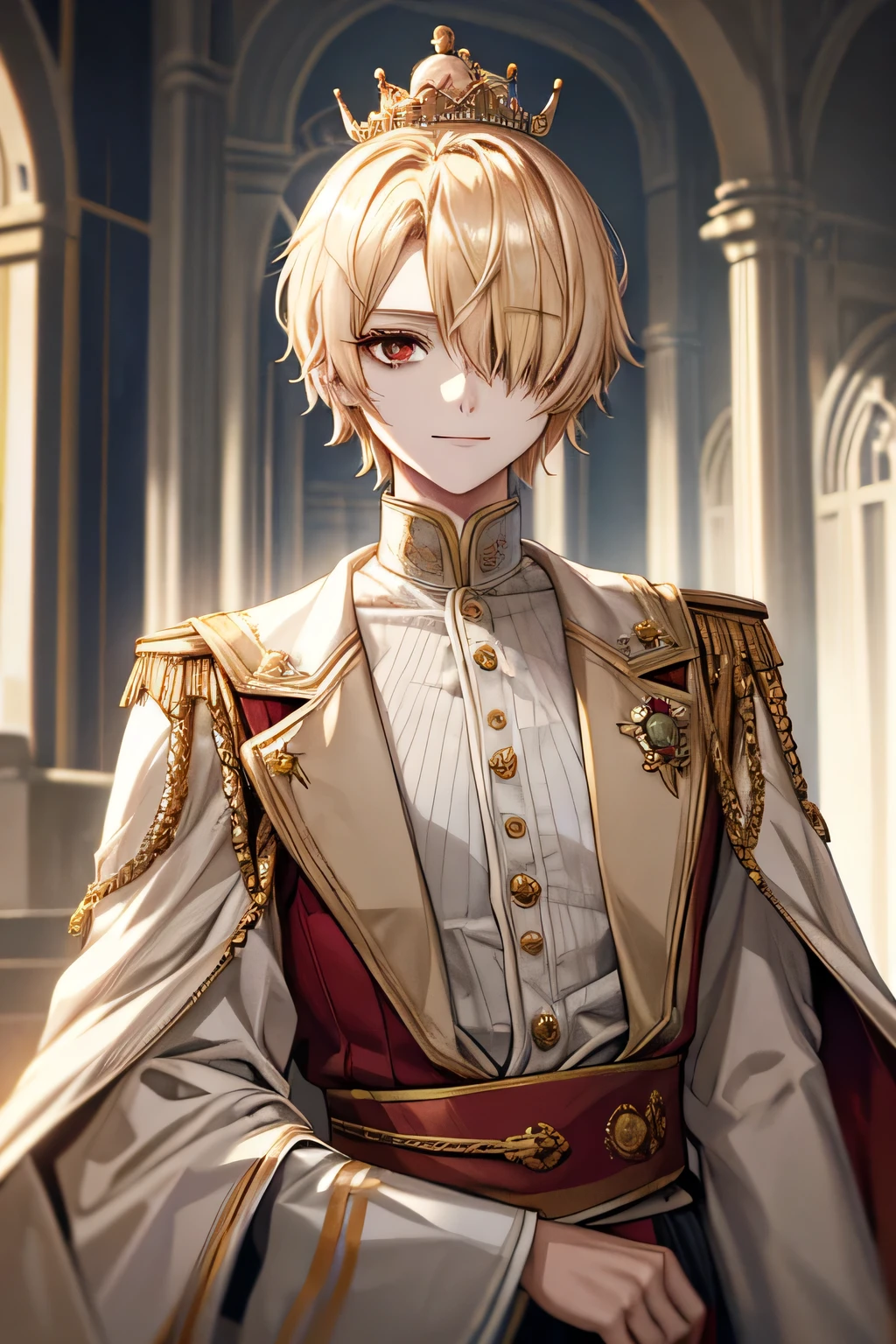 ((masterpiece:1.2、Highest quality))、1 female、((Blonde Short Hair))、(((I'm wearing a crown)))、Red eyes、Long eyelashes、White suit、Fantasy、uniform、Royalty、garden、Blooming Flowers、sunlight、Fantastic Light and Shadow、Scenery of the Royal Palace、Highly detailed face、Invincible Smile、Dynamic depiction、Tホテルのmasterpiece，Highest quality，As-、Short, straight, dark yellow hair，shirt, half-naked,Dressed in strict royal attire, White and gold royal outfit, Handsome anime pose, A beautiful feminine face、Center Section、amount、Sexy、expensive、Handsome、Beautiful shape、Best Style、Cool look、Model pose、(Barrette)、(((Hair on one eye)))、(((One eye is hidden by hair)))、(((Blonde Short Hairー))),(Red eyes)、Mao Sen Moon Song、