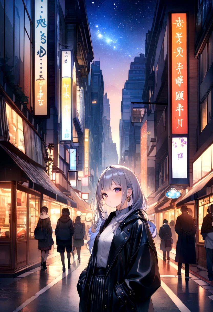 A fusion of graphic art and painting art、girl、Unusual street fashion、night、Starry Sky、front、Uplifting、Transparency、Bright Cities、wood々is rich、morning、High quality、Detailed Background、high resolution、Sparkling