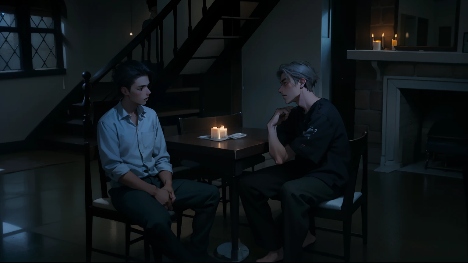 There are two 17-year-olds sitting in the dining room, they are somewhat uncomfortable talking, their hair is gray.