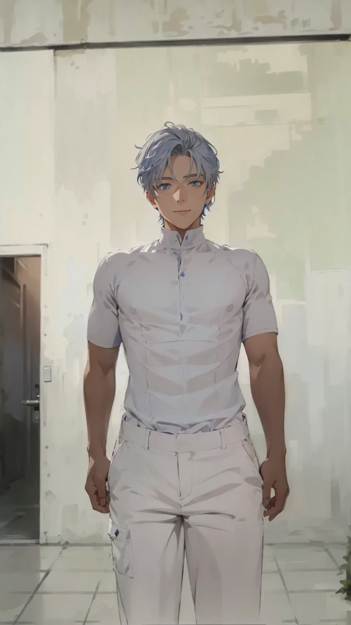 (absurd、High resolution、super detailed、nffsw)、masterpiece、highest quality、male 、solo、Handsome、short hair、gray hair、blue eyes、fine eyes and detailed face、casual clothes、true shadow、joy、connect ears、Upper body、blur the background、smile、City of night、
