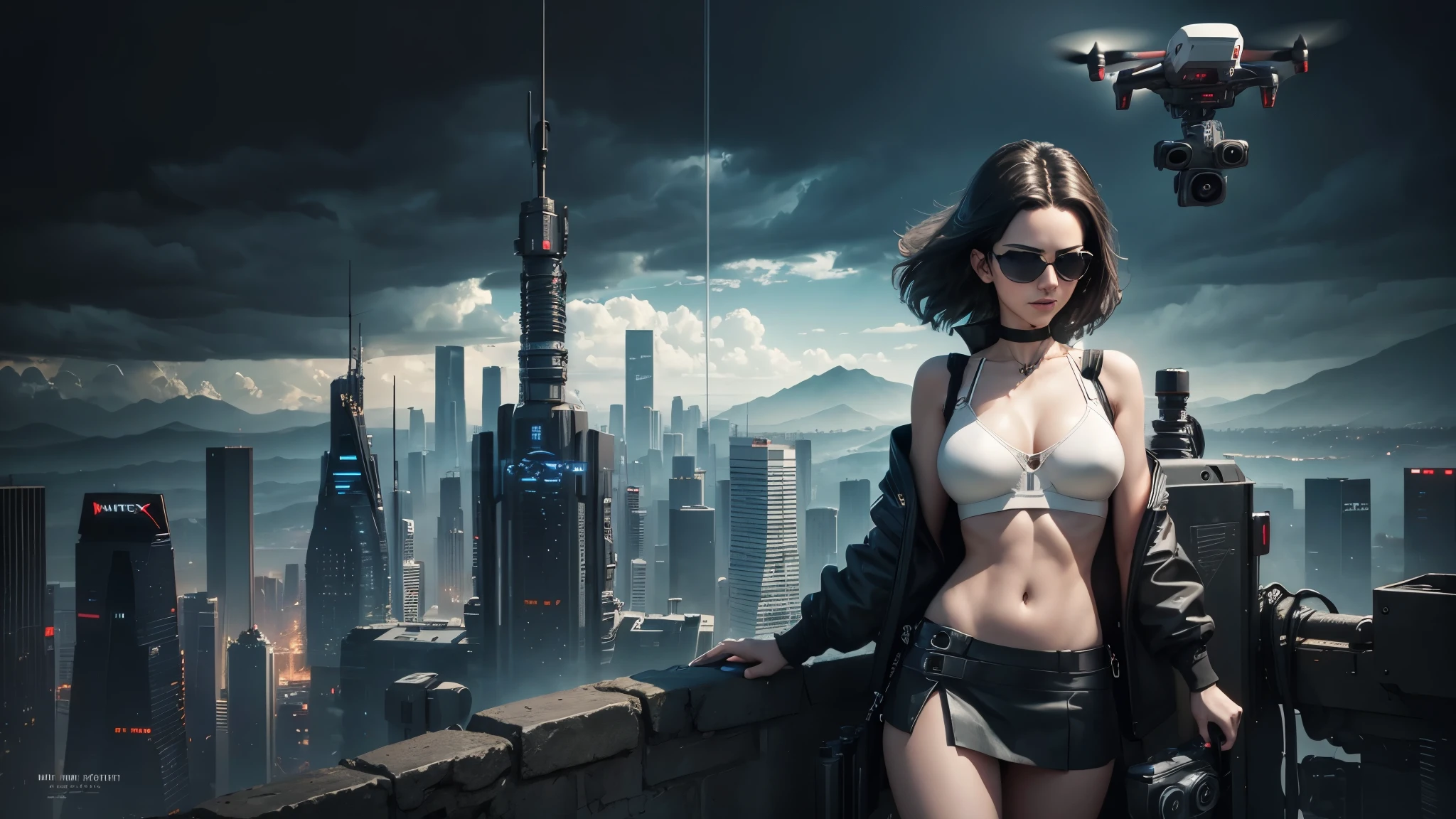 20-year old large-breast woman with cleavage:1.4, 1woman, solo, 3D neon art of a woman's body, (((((matrix style black micro sunglasses, black bra and very short black miniskirt, white G-string panty))))), (((aiming with a short gun))), (looking at camera), aerial view of blade runner neon-noir city background, (((1drone alone above city))), perfect composition, beautiful detailed intricate insanely detailed octane render trending on artstation, 8K artistic photography, photorealistic concept art, soft natural volumetric cinematic perfect light, chiaroscuro, award-winning photograph, masterpiece, oil on canvas, Raphael, Caravaggio, Greg Rutkowski, Beeple, Beksinski, Giger