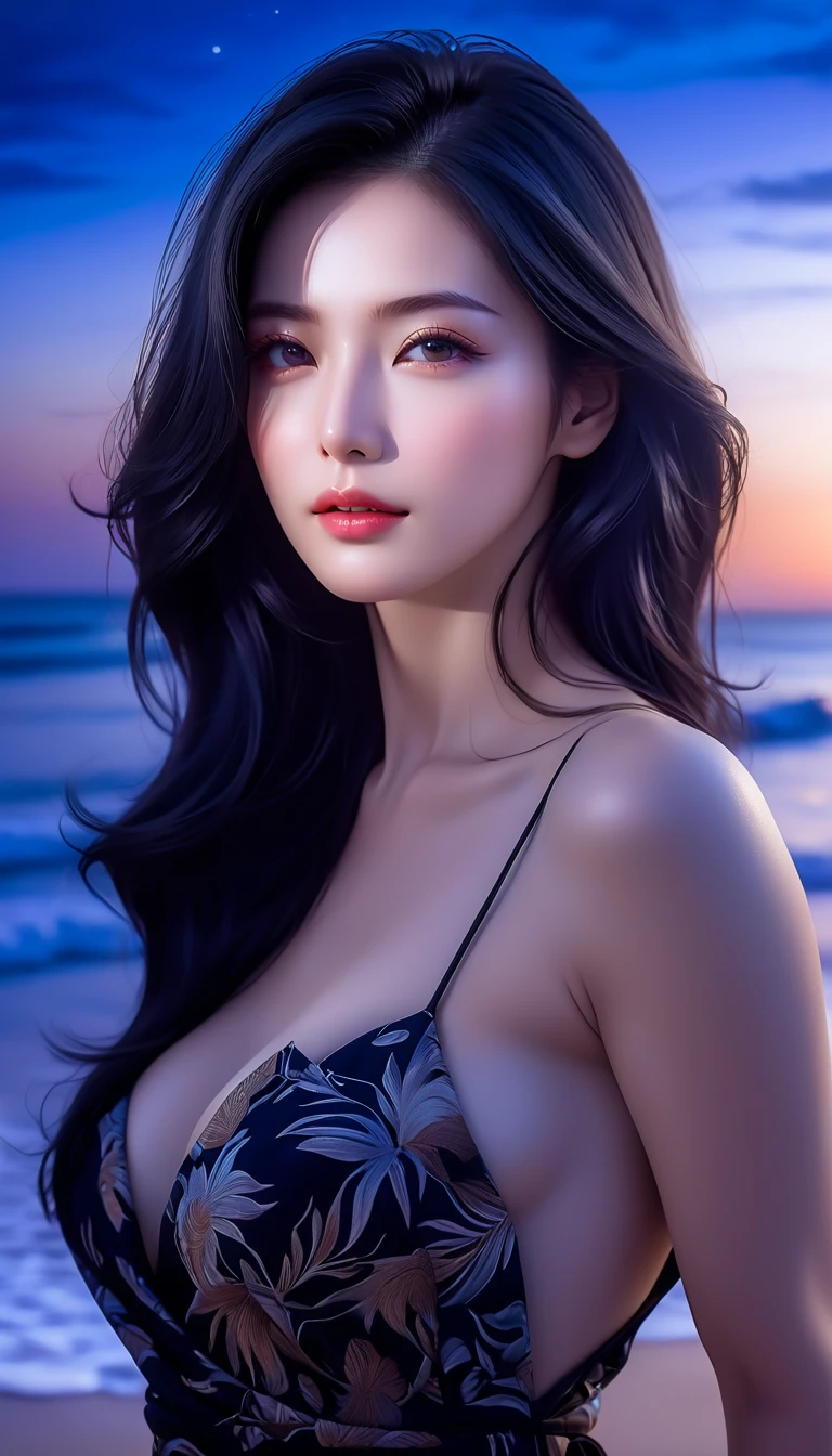 4K resolution, 8K resolution, beautiful, Highest quality, Absolutely wonderful, Very detailed, Ultra-high resolution, masterpiece, RAW Photos, Realistic, Depth of written boundary, Cinematic Light,
One elegant mature woman,
Long black hair, 精巧なディテールのbeautiful顔, Sensual look, Heavy eye make-up, Transparent white skin, Very sensitive skin, Great proportions, Glamorous Body, Anatomically correct body,
elegant beach dress, Summery design, Beautifully detailed pattern, Detailed cloth texture,
(Night sky background:1.1), (Dark sandy beach at night:1.1),
Cinematic Angle,