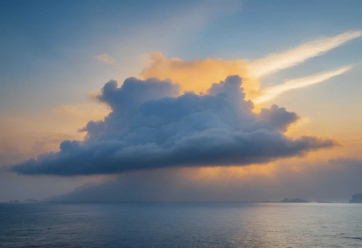 cloud,龍の形をしたcloud,cloudから上半身を出す白龍神,Illuminated by the light of the setting sun ,Background sea,Foggy atmosphere,On-air lighting,薄いcloud,Smooth lines,Light blue and white shades,A serene and majestic sight,Amazing details,Artistic interpretation,Painting Style,masterpiece:1.2