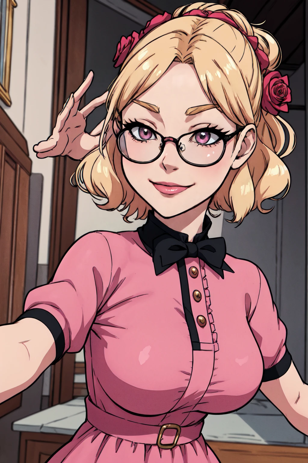 {-erro_de_anatomia:1.0}(best quality,4k,8k,highres,masterpiece:1.2) Anime girl tuxedo with curly hair,  blond hair and round gold glasses, rose gold eyes. Guviz style art, attractive detailed art style, Charlie Bowater Style, 1 7 -  - old e anime girl, detailed manga style, detailed anime character art, germ of art. High detail, stunning manga art style. Rose dress. (pink dress) . Wearing rose gold Victorian clothing, dynamic poses, smile. Different Pose, upper body