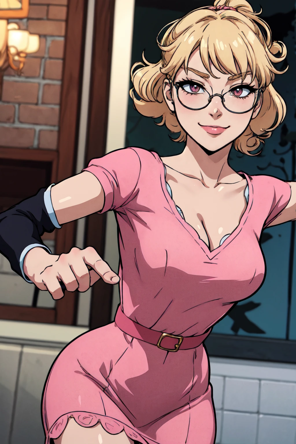 {-erro_de_anatomia:1.0}(best quality,4k,8k,highres,masterpiece:1.2) Anime girl tuxedo with curly hair, blond hair and round gold glasses, rose gold eyes. Guviz style art, attractive detailed art style, Charlie Bowater Style, 1 7 - year - old cute anime girl, detailed manga style, detailed anime character art, germ of art. High detail, stunning manga art style. Rose dress. (pink dress) . Wearing rose gold Victorian clothing, dynamic poses, smile. Different Pose, upper body
