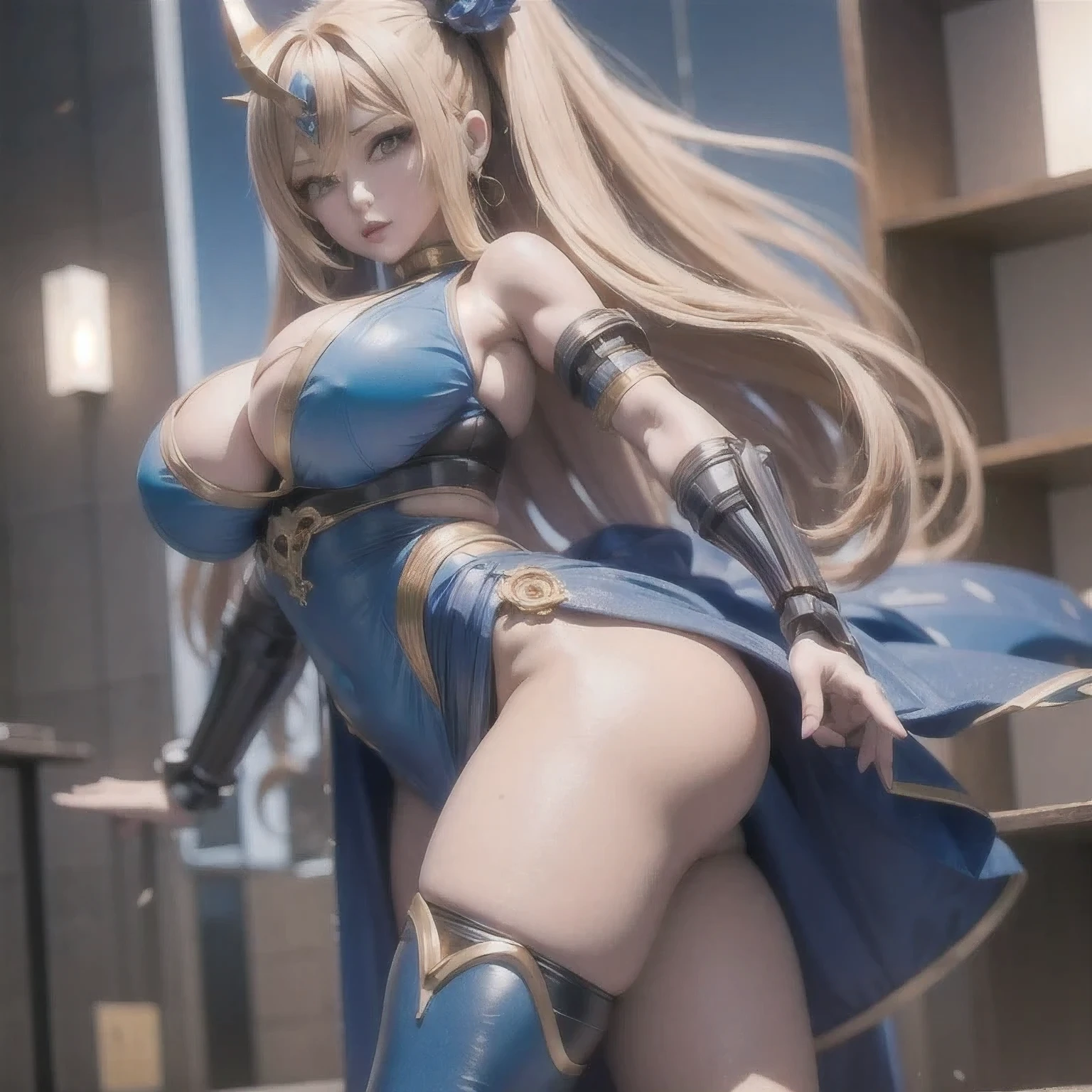 araffed woman in a blue and gold outfit posing for a picture, biomechanical oppai, 8k octae render photo, giant stunning goddess shot, anime goddess, granblue fantasy, 8k artgerm bokeh, sfw version, ayaka game genshin impact, ayaka genshin impact, wlop and artgerm(masterpiece, best quality:1.2), 1girl, solo，Modern woman in blue and gold outfit posing for camera, The Opai of Biomechanics, 8k Octave Rendering Photo, giant stunning goddess shot, Anime Goddess, granblue fantasy, 8k Artistic German Bokeh, SFW version, Ayaka Game Genshin Impact, Ayaka Genshin Impact, wlop and artgerm