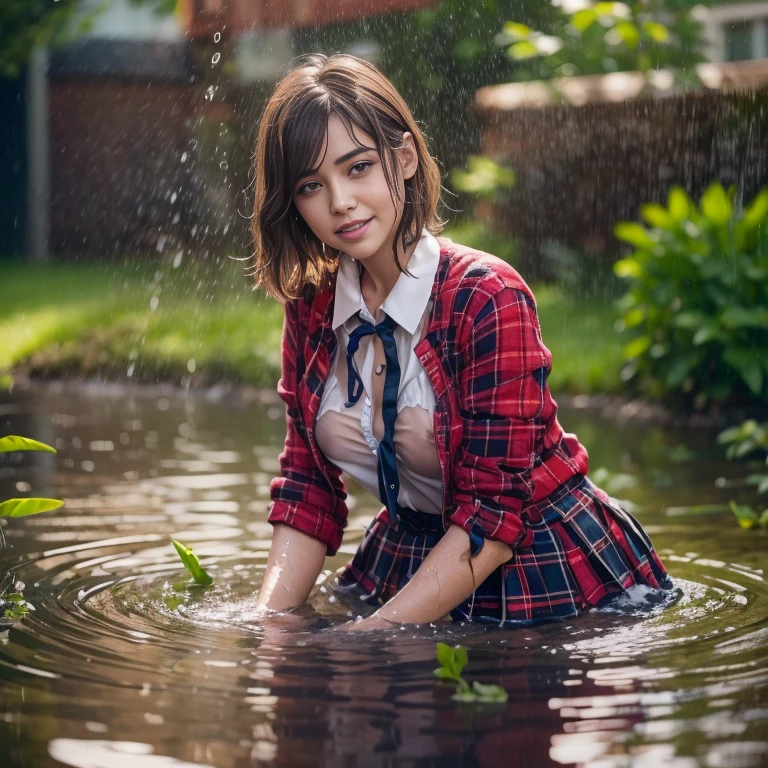 Woman in playing with water in backyard, ((fully school clothed)), short tinted hair in a bob, , bright sunshine, summery palette, playful, gentle smile, clothes made of water, photorealistic, dripping wet, beautiful realistic photo, hyperrealistic fantasy photo, close up, narrow depth of field, 8k, ((drenched)), ((soaked)), (dripping water), dripping oil, heavy clothes, soaked in oil, medium breasts, lawn, wet all over, wet dripping hair, varied poses, in a pond , skirt dark red , plaid skirt , pleated skirt , Tight shirt , white Shirt , school girl , red knot , red bow , school , skirt is adjacent to the chest , big breasts , big tits