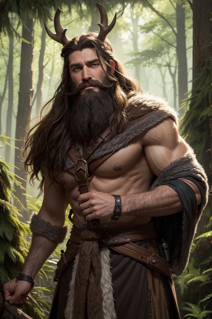Tall man, brawny, Furry Beard Druid D&D 5⁰ Wild Edition