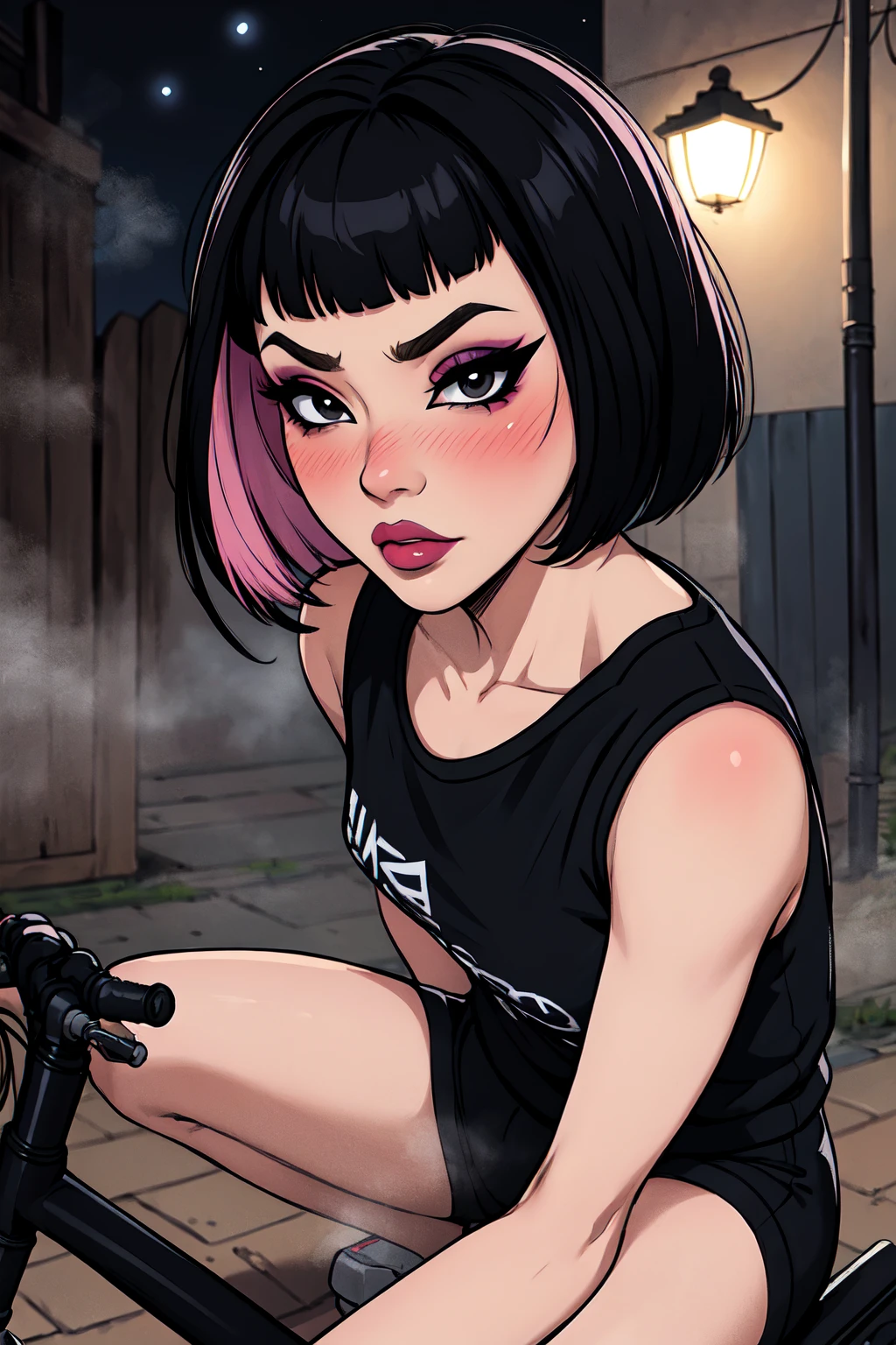 1girl, FengMin, solo, skinny, black eyes, asian eyes, eyeliner, looking at viewer, lips, black bob cut, blunt bangs, blush, , sitting on the motocicle, dinamic poses, whole body, face focus, outdoors, horror \(theme\), night, fog egirlmakeup,