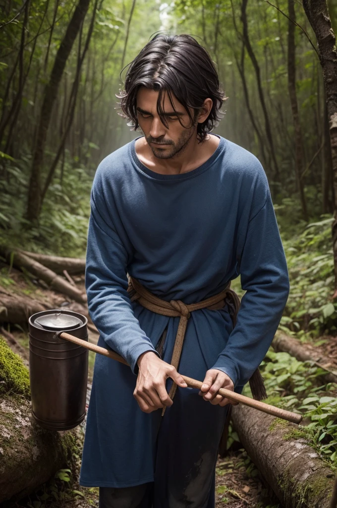 man character, 2d, Mediovale, pobres, dark blue messy hair, roupa Mediovale de vila suja e queimada, at a forest