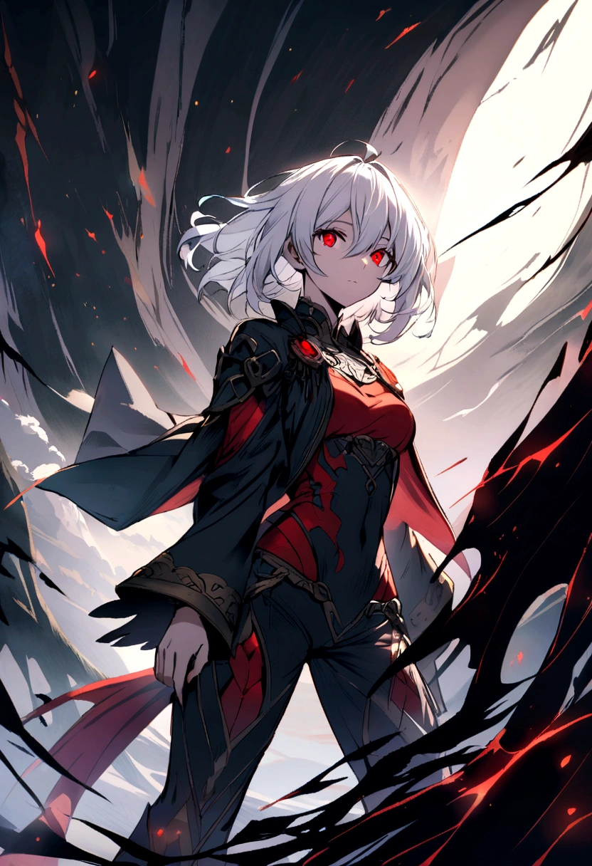 Create an anime character with white hair and red eyes with an excellent physical appearance.