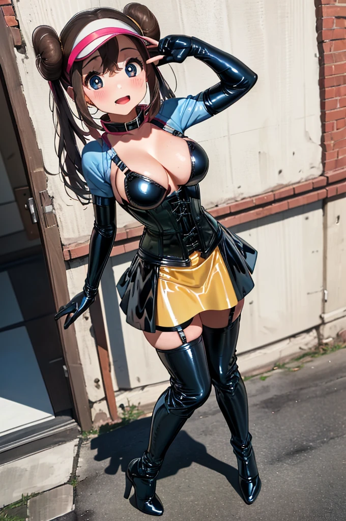 (((chibi:1.4)))、(((Lori:1.4)))、(((low length)))、(((Child body type)))、BDSM、Queen、mistress、(((One girl)))、solo:1.8、(((Black latex elbow gloves:1.4 )))、(((Black latex corset dress:1.4)))、(((The corset dress is decorated with beautiful lace.)))、(((Corset dress with shoulder straps)))、(((Black latex tight mini skirt:1.4)))、(((Black Thigh Boots)))、(((Black fishnet stockings:1.2 )))、(((Stiletto heels:1.4)))、(((Black latex panties)))、(((Black latex bra)))、(((Black leather collar)))、(((Sexy pose:1.4 )))、Wide-open legs:1.2、(((Erotic)))、(((Cowboy Shot)))、masterpiece, Highest quality, High resolution, B1, Hair Bun, blue eyes, Brown hair twin tails, Long hair in twin tails、Visor Cap, pantyhose, Raglan sleeves, Yellow shorts, shirt, Pink ribbon, Are standing, Cowboy Shot, Outdoor, Wicked Smile、blush