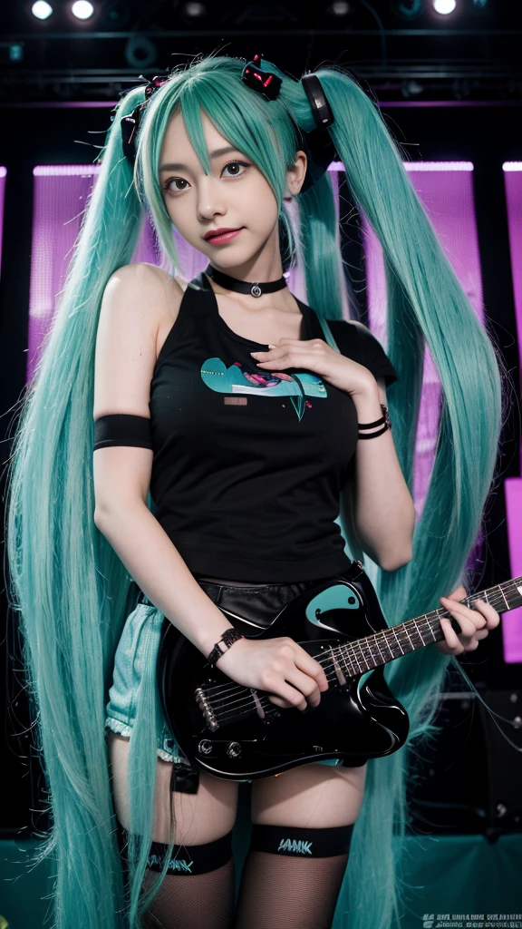 best quality, High resolution, Big breasts Hatsune Miku, Expression, Mascara, black t-shirt has, black skirt, Lace stockings, high shoes, concert, black television station, guitar, studio, amplifier, Messy room, electrical wire, nighttime, choker necklace, nipple piercing, Heavy eyeliner, dark eye makeup, Pale skin, Nail accessories, Wristband, complex foundation, blink, Scribble, drink, poster for, background with, sound board, Subsurface, crow, loud, Sweating, full of prunes, Mosin, narrow, inside the room, Masterpiece, best quality, alone, smile, heart dancer, full body, see viewers, long blue hair, double tail, stand on stereo, stage, ไฟstage, stage focus, Detailed background, audience, (front focus), Keywords: 1 girl taking pictures., (((Hatsune Miku))), Surrealistic portrait, fantasy art, Take realistic photos, dynamic light, Volumetric light, Very detailed face, 8K, won, 1 girl, 25 year old girl,low voice, Long hair, two tails with horses., Tosca's hair and eye color are bright. (((Rich in colour))), Nack shoes , full body, Big smile (open mouth), Wet skin, Highly detailed facial and skin textures, Detailed eyes, realistic eyes, Detailed eyesสวยงาม, (realistic skin), (((Futuristic Hatsune Miku dress 1:1))), Dynamic Post,full body photo,full body