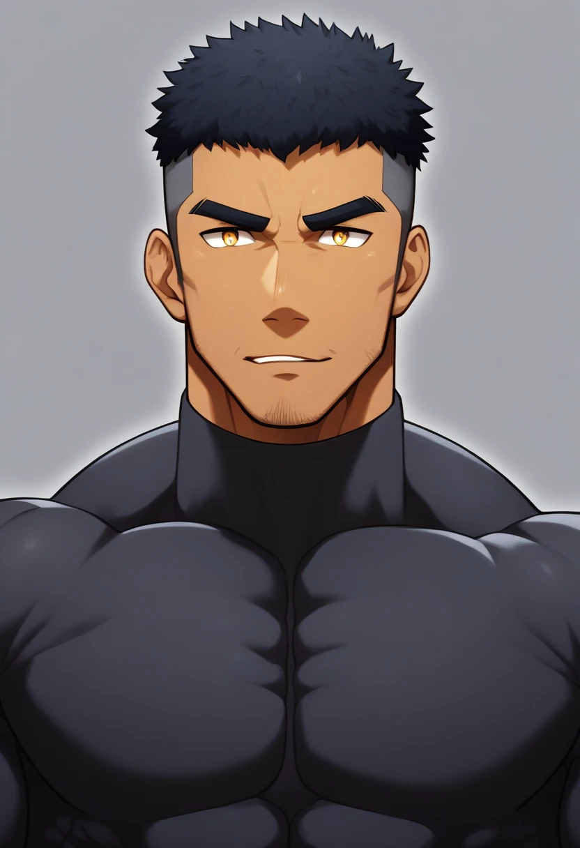 anime characters：Gyee, Muscle Sports Student, negro black skin, 1 dark skin muscular tough guy, Manliness, male focus, Dark grey high collar long sleeve wetsuit, Matte texture, Very tight, Round, full and perky chest muscles, Slightly transparent, muscular male, muscular, only, Upper body, alone, Black short hair, Thick eyebrows, stubble, Yellow eyes, Grey background, simple background, amazing quality, best aesthetics, Ridiculous, bright pupils, crew cut, parted lips, seductive smile, torogao, naughty face, drop shadow, best quality