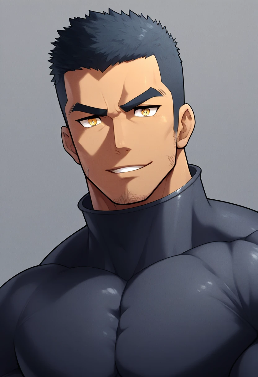 anime characters:Gyee, Muscle Sports Student, negro black skin, 1 dark skin muscular tough guy, Manliness, male focus, Dark grey high collar long sleeve wetsuit, Matte texture, Very tight, Round, full and perky chest muscles, Slightly transparent, muscular male, muscular, only, Upper body, alone, Black short hair, Thick eyebrows, stubble, Yellow eyes, Grey background, simple background, amazing quality, best aesthetics, Ridiculous, bright pupils, crew cut, parted lips, seductive smile, torogao, naughty face, drop shadow, best quality