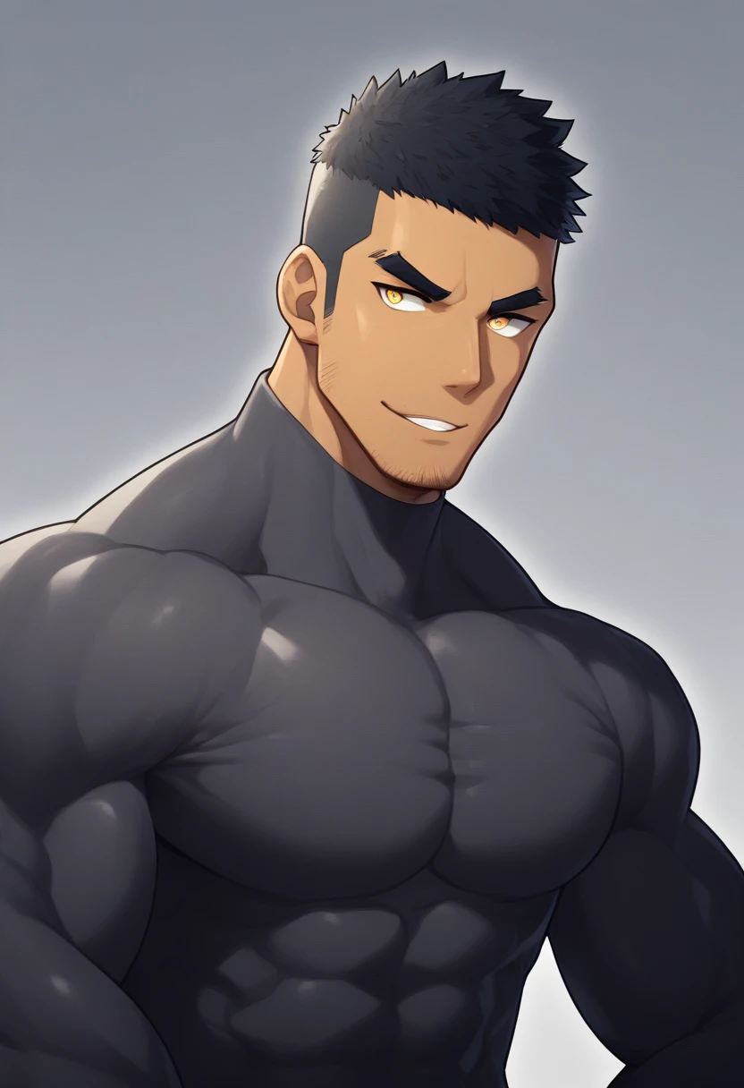 anime characters:Gyee, Muscle Sports Student, negro black skin, 1 dark skin muscular tough guy, Manliness, male focus, Dark grey high collar long sleeve wetsuit, Matte texture, Very tight, Round, full and perky chest muscles, Slightly transparent, muscular male, muscular, only, Upper body, alone, Black short hair, Thick eyebrows, stubble, Yellow eyes, Grey background, simple background, amazing quality, best aesthetics, Ridiculous, bright pupils, crew cut, parted lips, seductive smile, torogao, naughty face, drop shadow, best quality