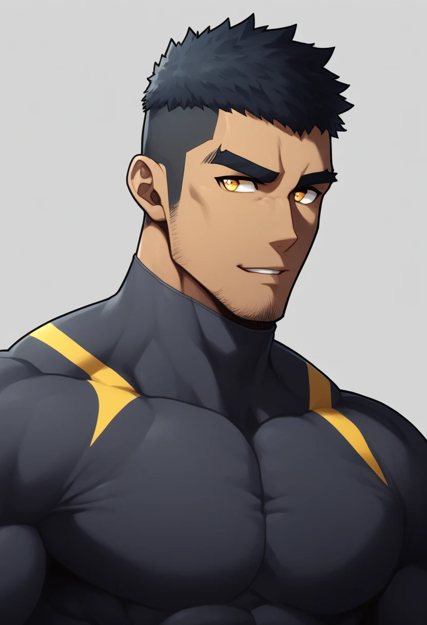 anime characters:Gyee, Muscle Sports Student, negro black skin, 1 dark skin muscular tough guy, Manliness, male focus, Dark grey high collar long sleeve wetsuit, Matte texture, Very tight, Round, full and perky chest muscles, Slightly transparent, muscular male, muscular, only, Upper body, alone, Black short hair, Thick eyebrows, stubble, Yellow eyes, Grey background, simple background, amazing quality, best aesthetics, Ridiculous, bright pupils, crew cut, parted lips, seductive smile, torogao, naughty face, drop shadow, best quality