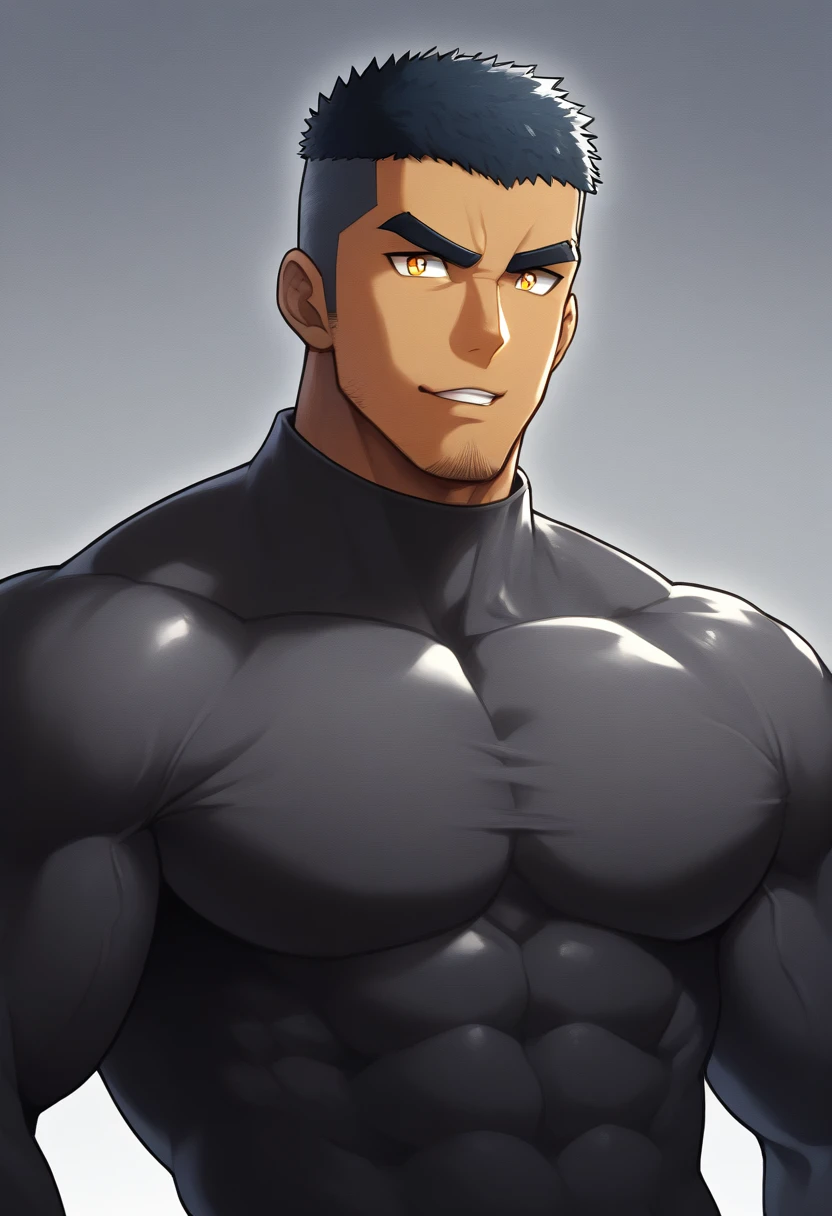 anime characters:Gyee, Muscle Sports Student, negro black skin, 1 dark skin muscular tough guy, Manliness, male focus, Dark grey high collar long sleeve wetsuit, Matte texture, Very tight, Round, full and perky chest muscles, Slightly transparent, muscular male, muscular, only, Upper body, alone, Black short hair, Thick eyebrows, stubble, Yellow eyes, Grey background, simple background, amazing quality, best aesthetics, Ridiculous, bright pupils, crew cut, parted lips, seductive smile, torogao, naughty face, drop shadow, best quality