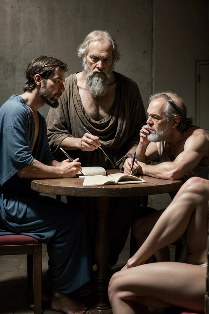 create image of aristotle, plato and socrates together telling secrets about theories at a table in a dark place