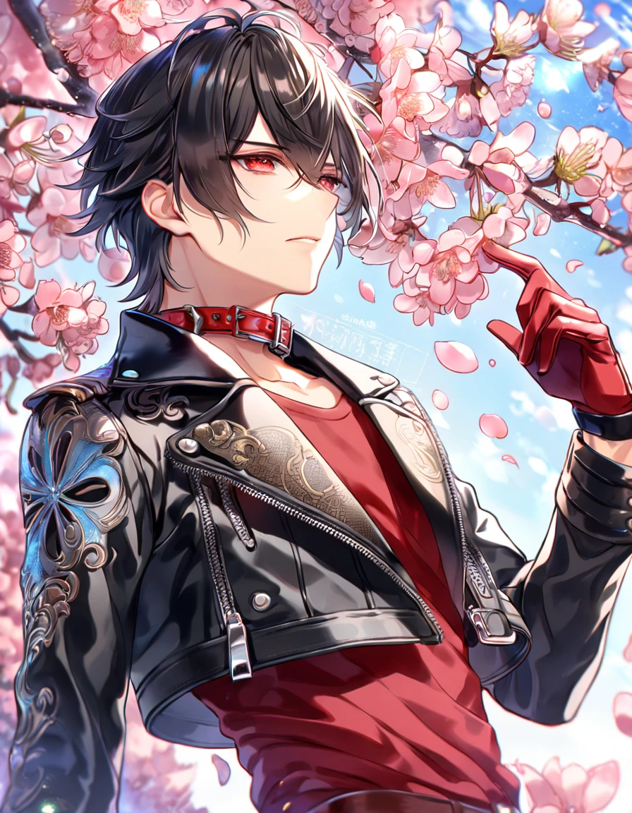 absurdres, highres, ultra detailed, HDR, master piece, Shin, messy black hair, red streaks, expressive red eyes, cropped black leather jacket, Amnesia Memories, sexy man, handsome, best quality, blossoms, pink petals, pink flowers, fantasy, magical, blue shining fireflies, solo, water, red shirt with black patterns, red gloves, red collar,