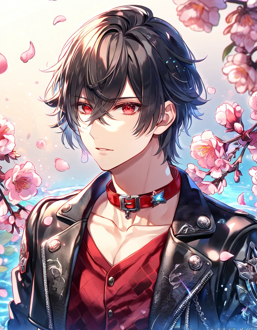 absurdres, highres, ultra detailed, HDR, master piece, Shin, messy black hair, red streaks, expressive red eyes, cropped black leather jacket, Amnesia Memories, sexy man, handsome, best quality, blossoms, pink petals, pink flowers, fantasy, magical, blue shining fireflies, solo, water, red shirt with black patterns, red gloves, red collar,