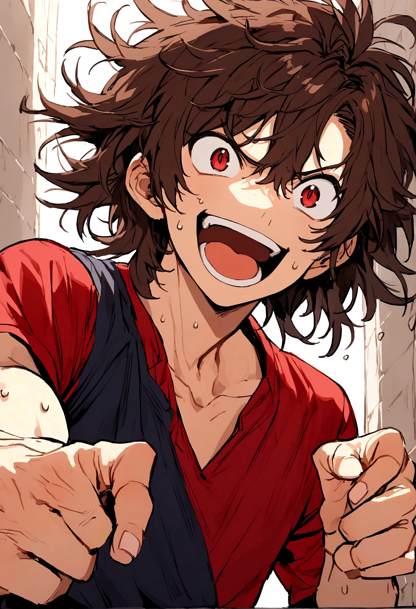 age boy, struggling pose, Messy hair, short length hair, dark brown hair, eyes black, excited smile, dark blue shirt with red details, dark red blouse,