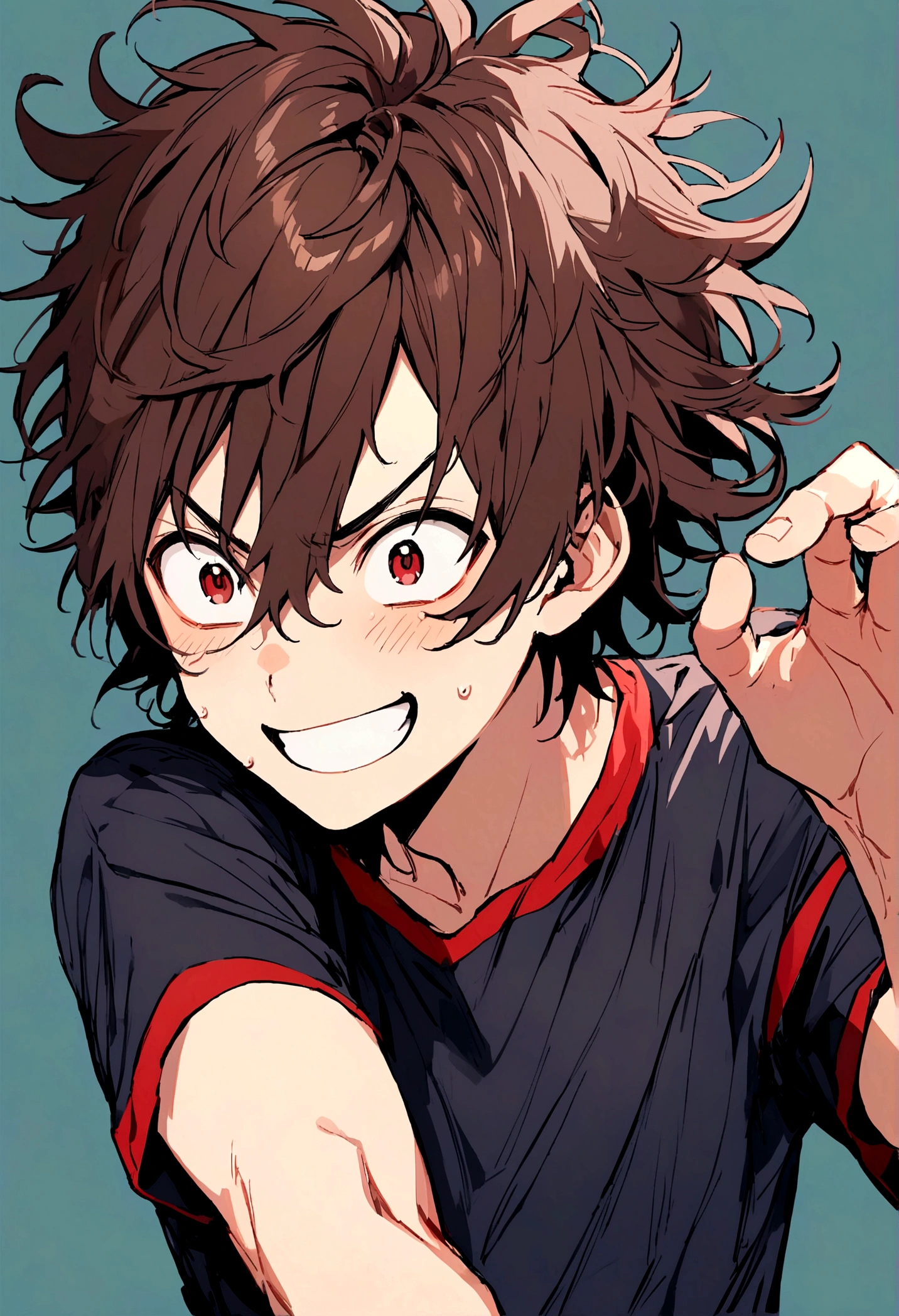Teenage boy, struggling pose, Messy hair, short length hair, dark brown hair, eyes black, excited smile, dark blue shirt with red details, dark red blouse,