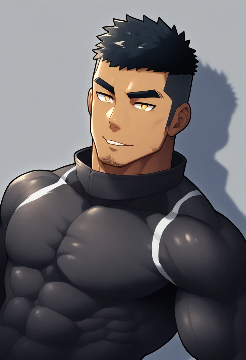 anime characters：Gyee, Muscle Sports Student, ????? black skin, 1 dark skin muscular tough guy, Manliness, male focus, Dark grey high collar long sleeve wetsuit, Matte texture, Very tight, Round, full and perky chest muscles, Slightly transparent, muscular male, muscular, only, Upper body, alone, Black short hair, Thick eyebrows, stubble, Yellow eyes, Grey background, simple background, amazing quality, best aesthetics, Ridiculous, bright pupils, crew cut, parted lips, seductive smile, torogao, naughty face, drop shadow, best quality