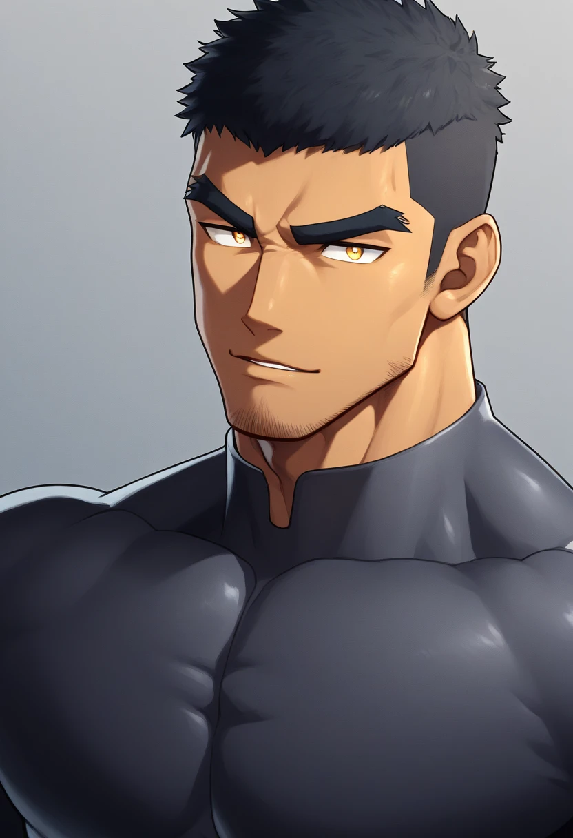 anime characters:Gyee, Muscle Sports Student, negro black skin, 1 dark skin muscular tough guy, Manliness, male focus, Dark grey high collar long sleeve wetsuit, Matte texture, Very tight, Round, full and perky chest muscles, Slightly transparent, muscular male, muscular, only, Upper body, alone, Black short hair, Thick eyebrows, stubble, Yellow eyes, Grey background, simple background, amazing quality, best aesthetics, Ridiculous, bright pupils, crew cut, parted lips, seductive smile, torogao, naughty face, drop shadow, best quality