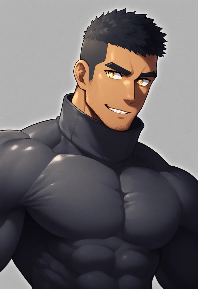 anime characters：Gyee, Muscle Sports Student, negro black skin, 1 dark skin muscular tough guy, Manliness, male focus, Dark grey high collar long sleeve wetsuit, Matte texture, Very tight, Round, full and perky chest muscles, Slightly transparent, muscular male, muscular, only, Upper body, alone, Black short hair, Thick eyebrows, stubble, Yellow eyes, Grey background, simple background, amazing quality, best aesthetics, Ridiculous, bright pupils, crew cut, parted lips, seductive smile, torogao, naughty face, drop shadow, best quality