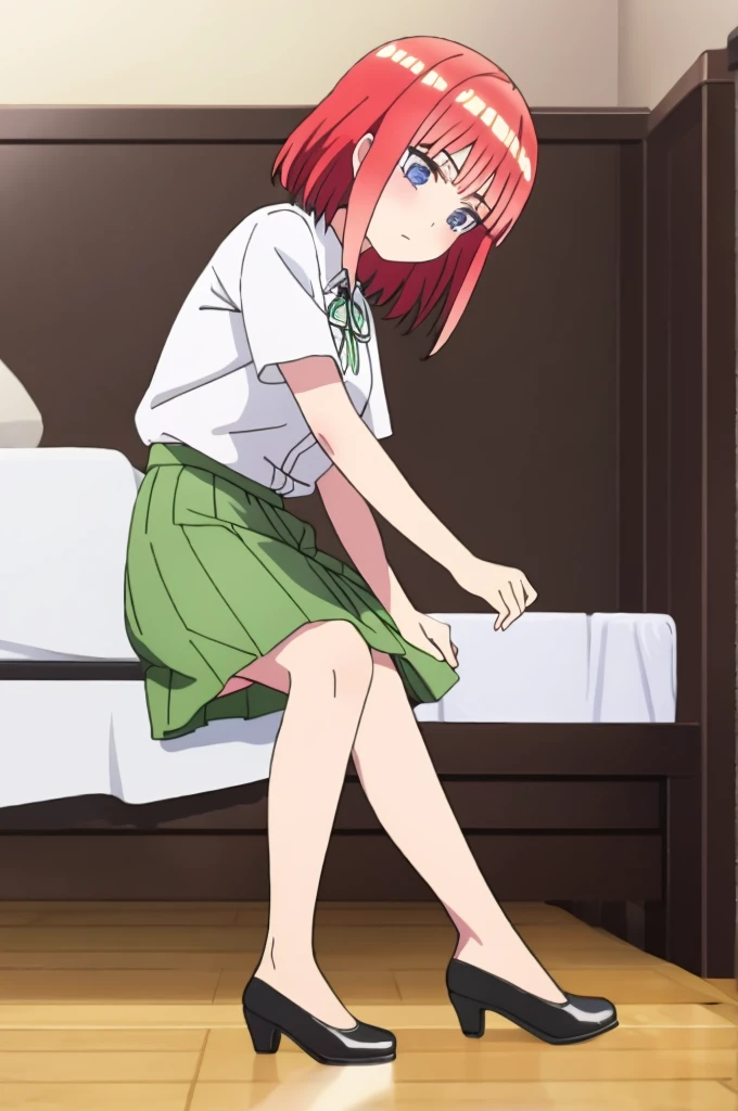 17 year old girl, short red hair, blue eyes, White shirt, light green skirt, long white stockings, classic small black shoe. In her room sitting upset.