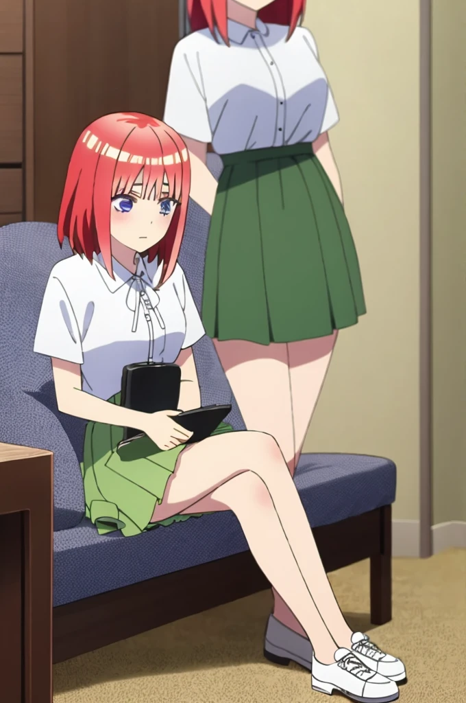 17 year old girl, short red hair, blue eyes, White shirt, light green skirt, long white stockings, classic small black shoe. In her room sitting upset.