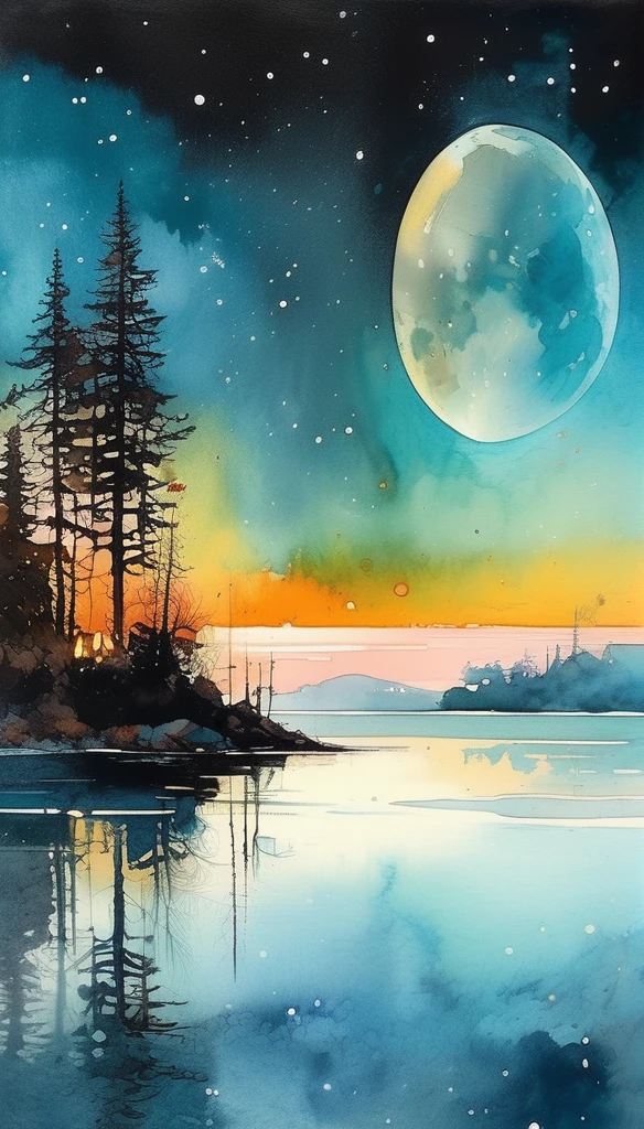 Morning watercolor, Highland Lake, Magical fairy tale, Shining in the neon light, Deep space sky, Styles (Jeremy Mann, Louis Icart, Valentin Serov, makoto kobayashi, Karol Buck)