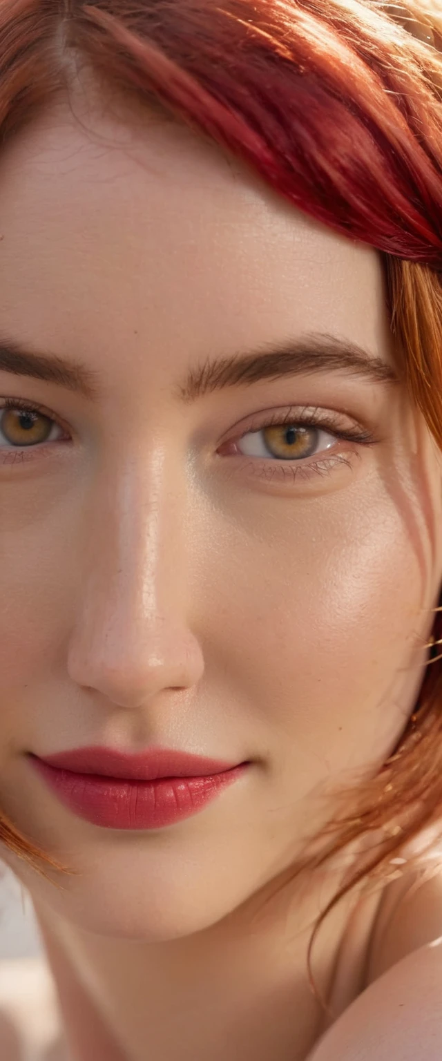Masterpiece, High Resolution, Nude, asymmetrical hair, hair over shoulder, messy hair, medium hair, red hair, beret, wide eyes, glowing eyes, hazel colored eyes, smile, light smile, plus size, cinematic lighting, social media composition, close-up, Eye-Level Shot, Sony FE, anatomically correct, super detail, award winning, 4K