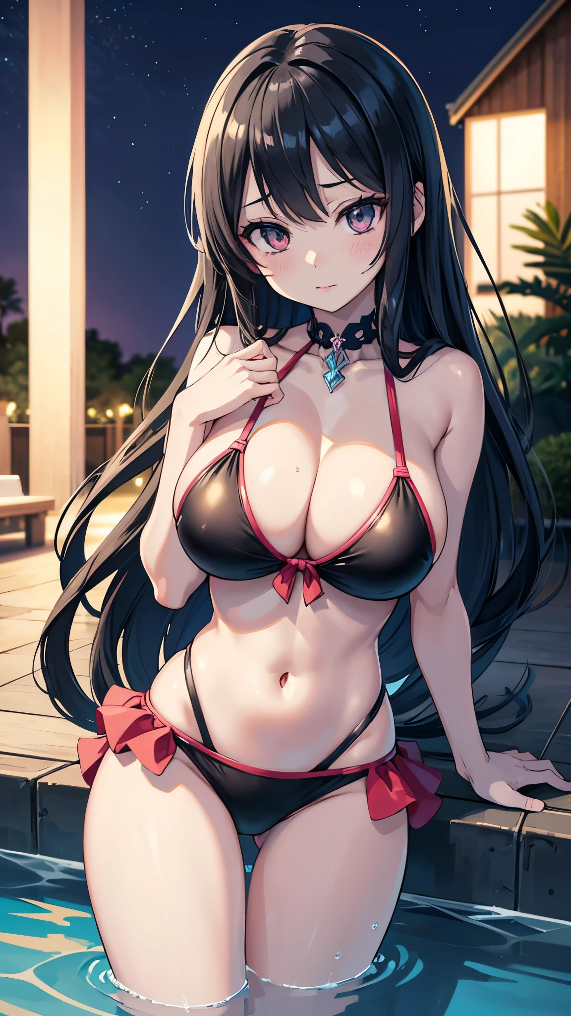 Anime girl in bikini posing in a pool at night, Enchanting anime girl, Realistic Bikini, [ 4k digital art ]!!, High resolution consignment,Perfect body with realistic shading, 8k high quality detailed art, Swimwear, Smooth anime CG art, Detailed digital anime art,Long black hair, Very large bust、Big Bust
