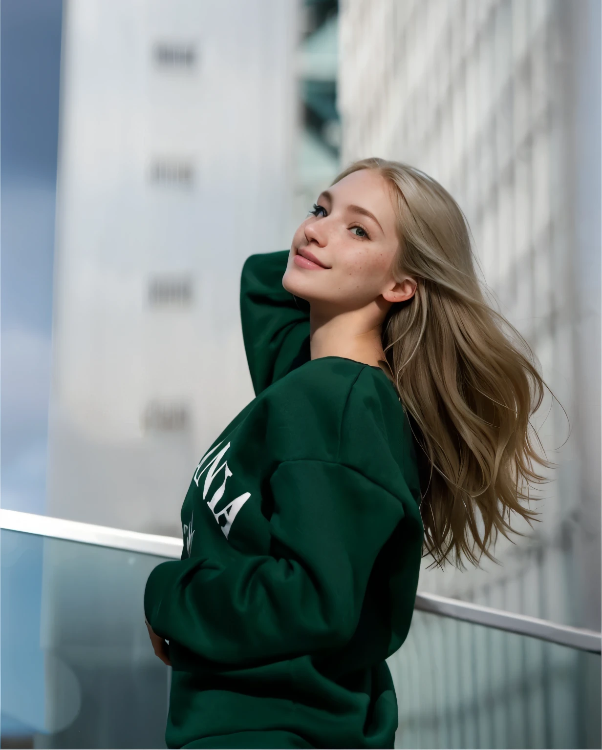 a one woman, americana, age 25, pale skin and freckles, grey-eyed, delicate nose, soft and delicate lips, distant, cabelo blondie distant e ondulado na altura da cintura, Sweet smile, face with delicate feminine facial features, Highly Rendering