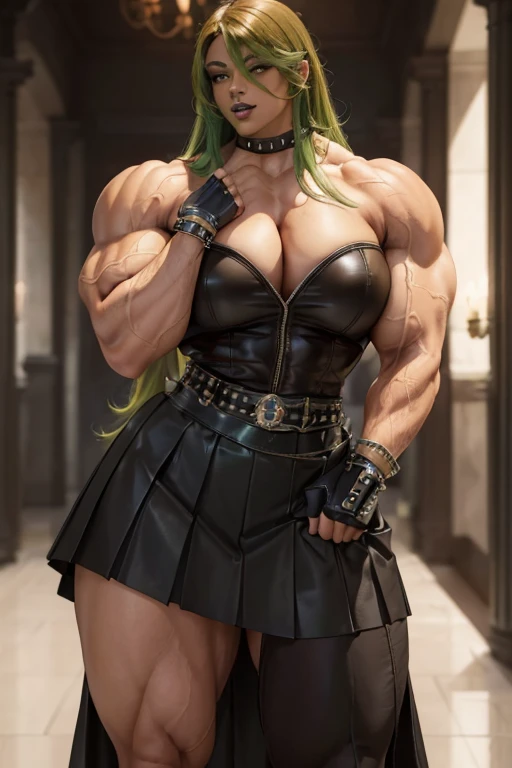 (((Massive tall, beautiful, buff, light brown skinned muscular woman with green hair, black lipstick, ginormous bulky muscles and wearing a beautiful leather unbuttoned blouse with a beautiful black long pleated skirt))), (close view), massive muscles, massive biceps, hyper muscle shoulders, massive muscle arms, vascular shoulders, hyper muscle triceps, (curvy long hair), (beautiful unbuttoned leather blouse), orange eyes, studded gauntlets, gloves, choker, (beautiful black long pleated skirt with a belt), shoes with socks, (in a beautiful hallway), closed smile, morning, hyper vascular arm, hyper muscles arms, hyper muscle legs, massive arms