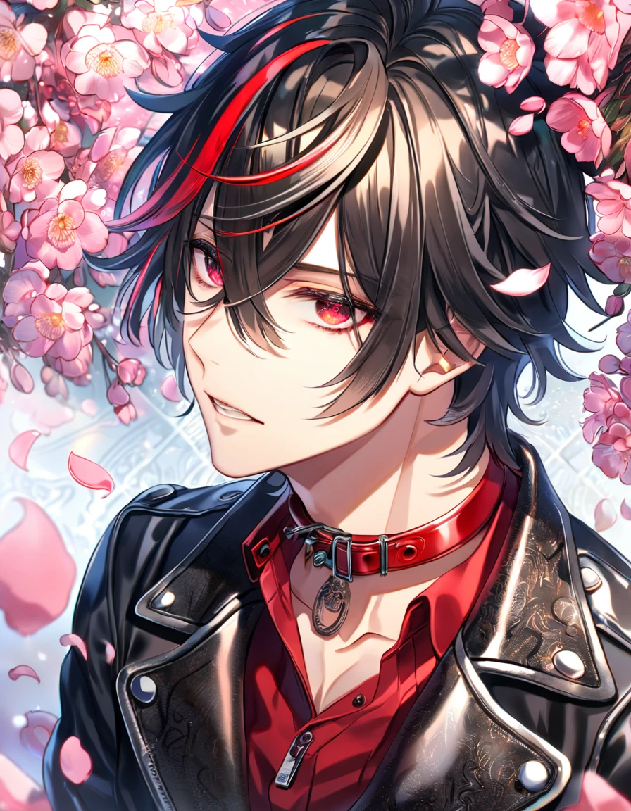 absurdres, highres, ultra detailed, HDR, master piece, best quality, Shin, black hair, messy hair, expressive red eyes, red streaks, Amnesia Memories, solo, sexy man, handsome, cropped black leather jacket, red shirt with black patterns, red collar, red gloves, fantasy, shining, pink flowers, pink blossoms, pink petals