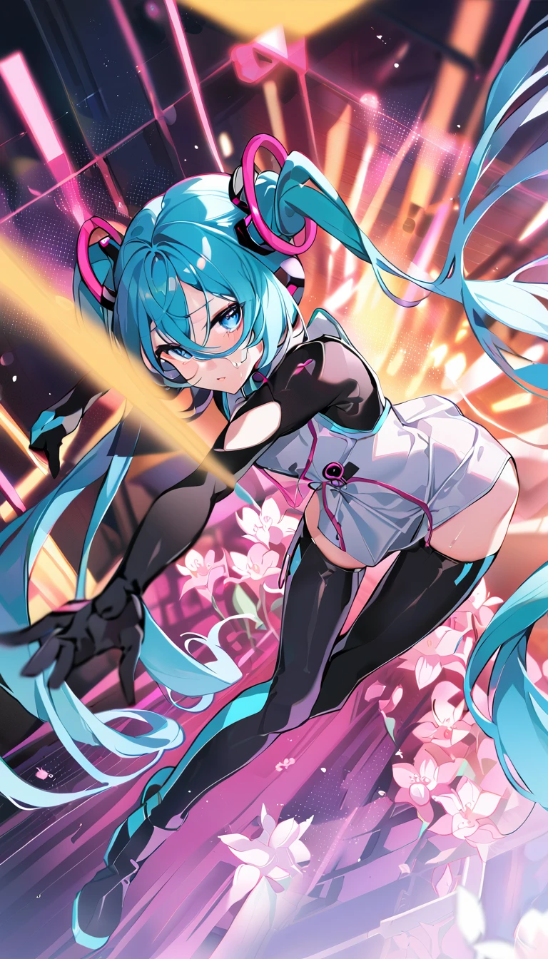 masterpiece, Highest quality, One girl, alone, Long Hair, hatsune miku, Twin tails, very Long Hair, bodysuit, Blue Hair, gloves,boots， whole body, blue eyes, floating, View your viewers, hair ornaments,  black gloves, Multicolored Hair, Facial blemishes, Sleeveless Dress, flower, Part your lips, absurdly Long Hair, elbow gloves, White Dress, Hair between the eyes, Browsing Caution,Heart-shaped pupils,orgasm, Beautiful ass,Sweat,(Urinating)
