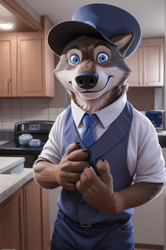 Larry (Zveropolis), wolf, Gray Fur, (brown body:1.3), beautiful blue eyes, Zveropolis, dressed,shirt tie,trousers,pink apron, Cook's hat, canine,wolf, detailed fur, male, second, paw pads, finger claws, viewer, 5 fingers, paws, 4 toes,holds, times, close to the camera,in the apartment kitchen,
BREAK from nextel, for dating, by xenoforge, (difficult, high detail,digital photography, soft focus, RAW, close to the camera, smile, positive, Good, mood, Houses, смотрит на viewer, очень close to the camera, goes on a date,
Photorealism, realistic, photorealistic,digital style, Subsurface scattering,очень close to the camera кольцо на пальце руки,father of his daughter,
masterpiece, Best quality, ultra realistic, 8 thousand.)
