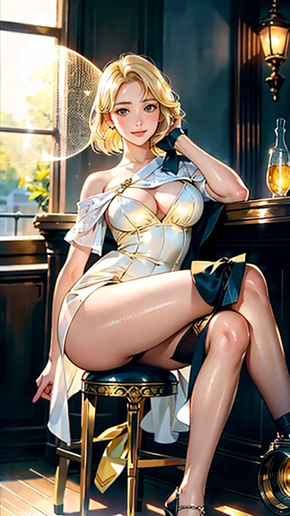 best quality, Masterpiece, (photo realistic:1.4), detailed skin, intricate details, A pretty 20 year old girl., (blonde:1.5), detailed background, (skin texture) (film grain:1.3) , (warm tone, warm tone:1.2), cinematic light, ultra high resolution, best shadow, RAW, (hazy glow), (fading afternoon sun), (vintage lens), (past era), (Romance ), (mystery), (old camera), (aged metal body), (soft shutter click), (light leak), (lens flare), (analogue days), (unpredictable charm), 1 Beautiful girl brunette, with brown eyes and short hair, beautiful hands, an elegant purse in one hand, big breasts, narrow waist, wearing an elegant white dress sitting on a stool inside a bar, a daring night photo session in close-up of the face , legs crossed showing her beautiful long and shapely legs, smile and sensual clothes, high heels, without underwear, beautiful and perfect high-heeled shoes in the same color as the dress,big smiling,