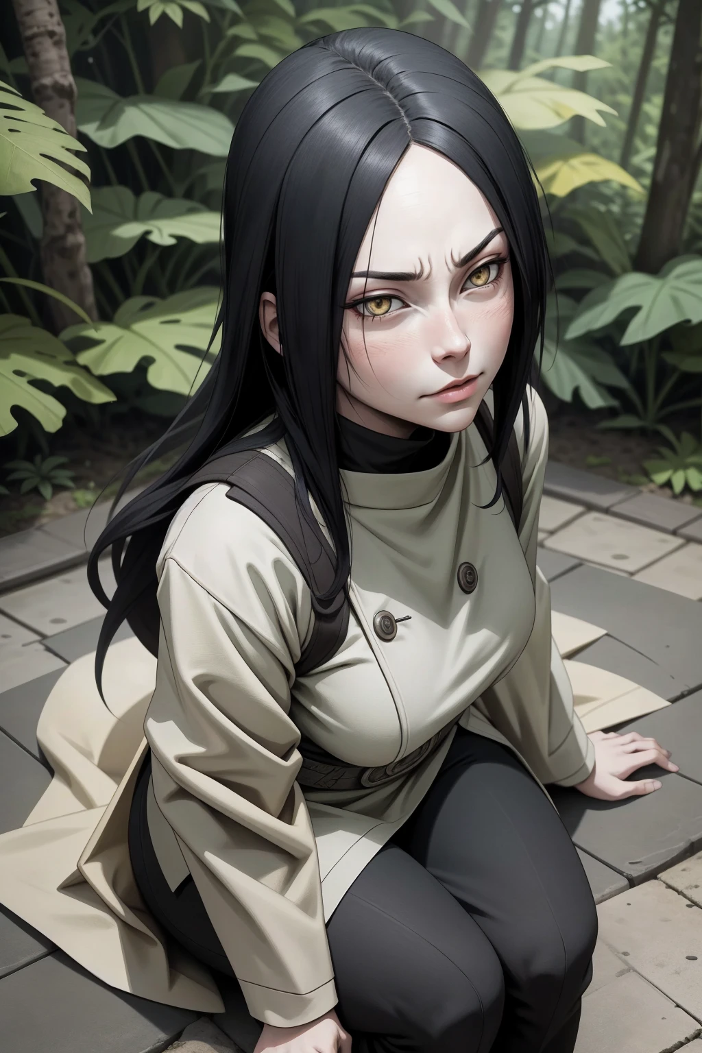 {-erro_de_anatomia:1.0} estilo anime, Masterpiece, absurdities, Orochimaru\(Naruto\), 1girl Solo, Mature woman, Oversized shirt with broad shoulders, Perfect composition, Detailed lips, large breasts, Beautiful face, body proportion, Blush, Long black hair, ( black hair), yellow eyes, (sexy), Soft gauze, Super realistic, Detailed, photo shoot, Realistic faces and bodies, masterpiece, best quality, best illustration, hyper detailed, 1 girl, solo, glamorous, blushing, whole body, sitting on the ground, on nature, dimanic poses