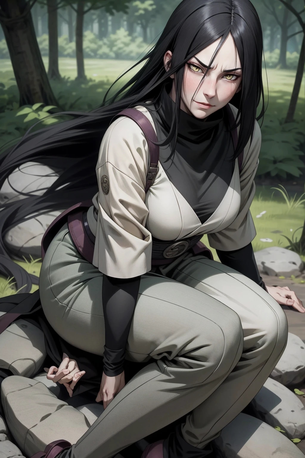 {-erro_de_anatomia:1.0} estilo anime, Masterpiece, absurdities, Orochimaru\(Naruto\), 1girl Solo, Mature woman, Oversized shirt with broad shoulders, Perfect composition, Detailed lips, large breasts, Beautiful face, body proportion, Blush, Long black hair, ( black hair), yellow eyes, (sexy), Soft gauze, Super realistic, Detailed, photo shoot, Realistic faces and bodies, masterpiece, best quality, best illustration, hyper detailed, 1 girl, solo, glamorous, blushing, whole body, sitting on the ground, on nature, dimanic poses